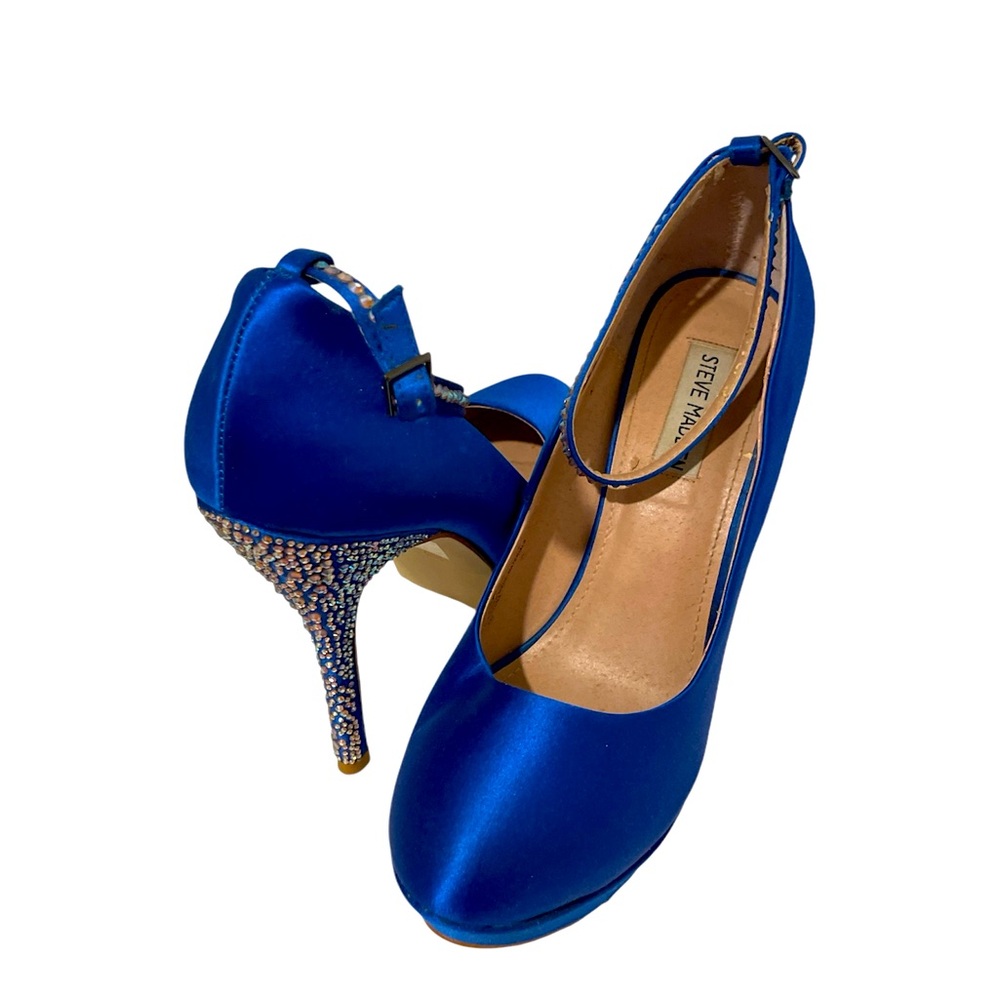 Steve Madden Blue Satin Rhinestone Platform Closed Toe High Heels Size 10